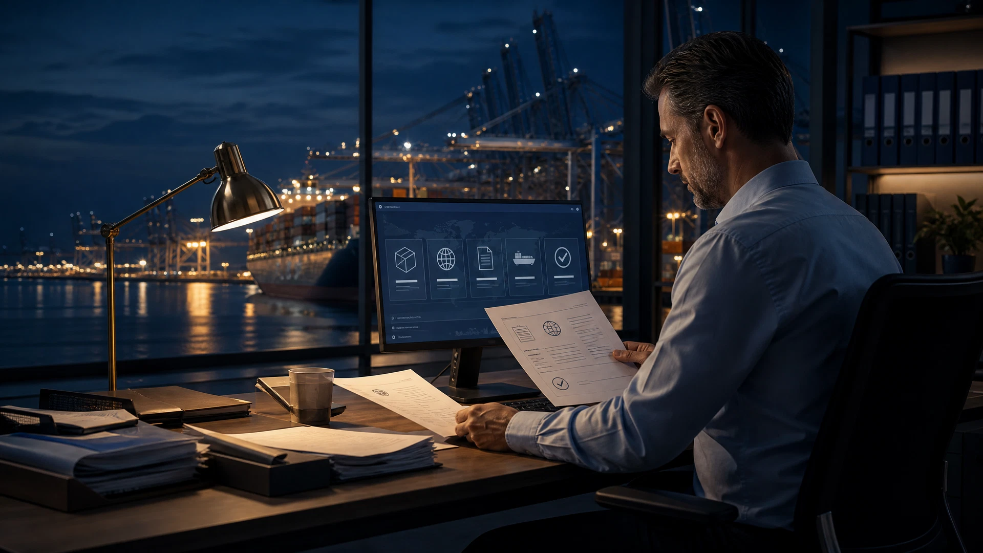 Freight specialist reviewing logistics information