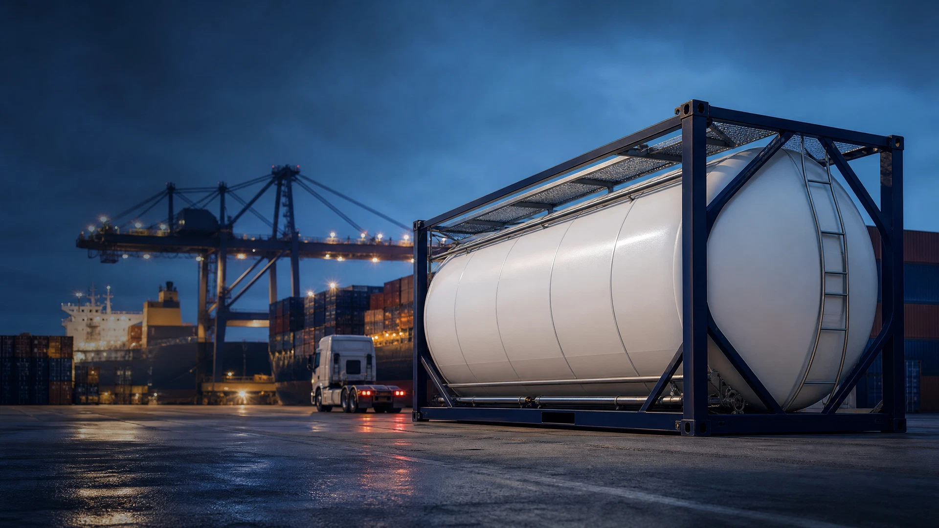 White ISO tank container prepared for UK and European trucking and sea freight