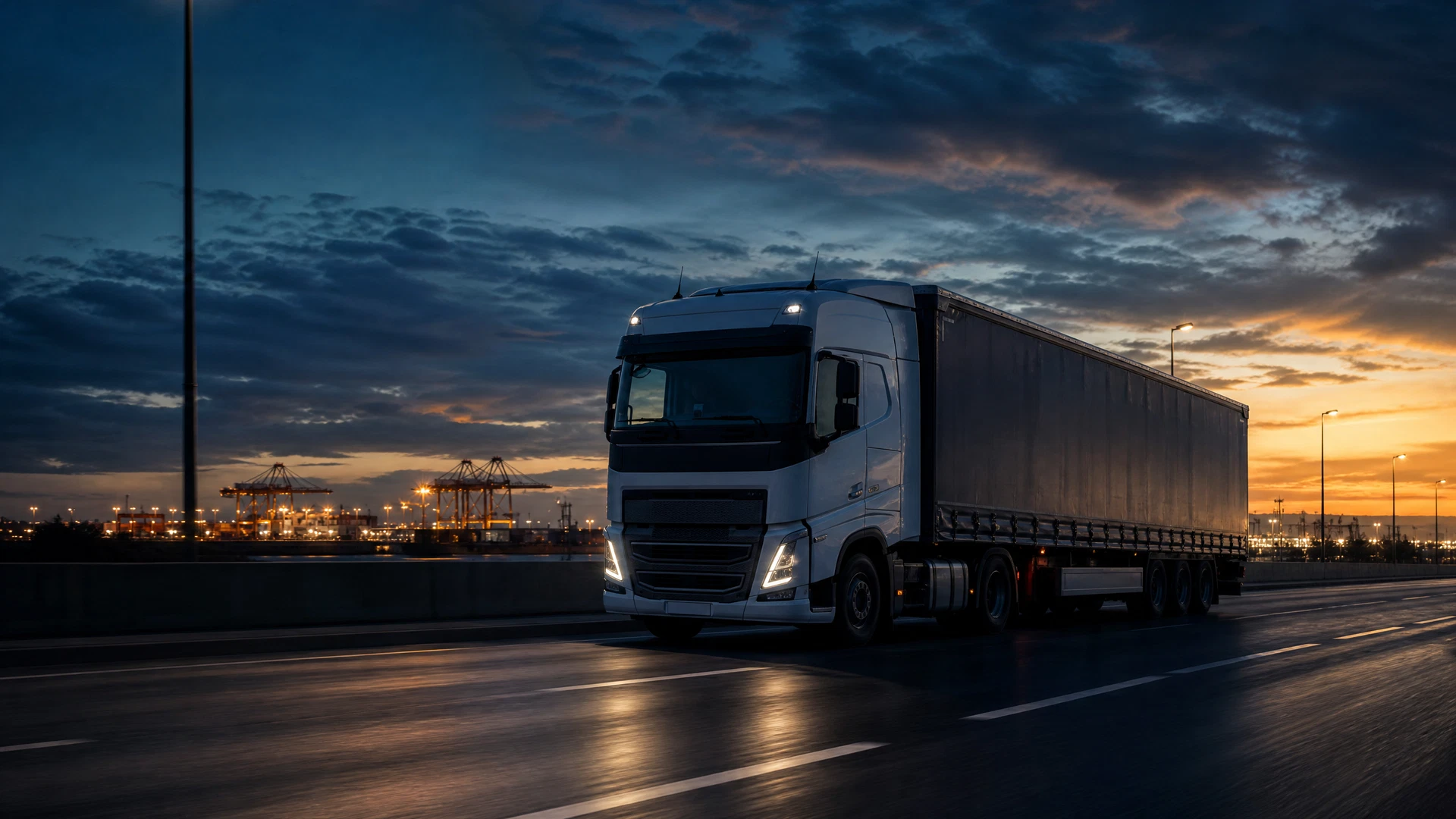 Modern freight truck travelling on a European motorway at dawn